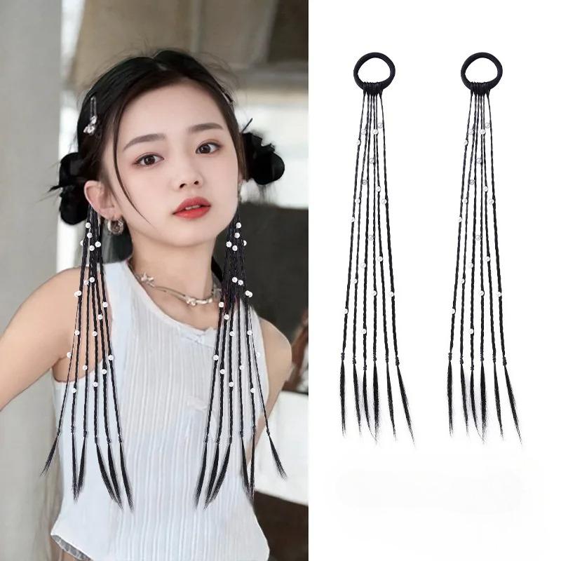 2 Pcs Korean Style Hair Ties for Kids Girls Ponytails Wig Braids with Edgy Bows Children Twist Braids Elastic Hair Accessories