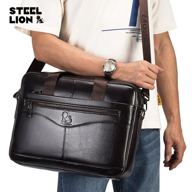 LAOSHIZI Men's Briefcase Male  Genuine Leather Messenger Bag Documents Bag Crossbody Bag