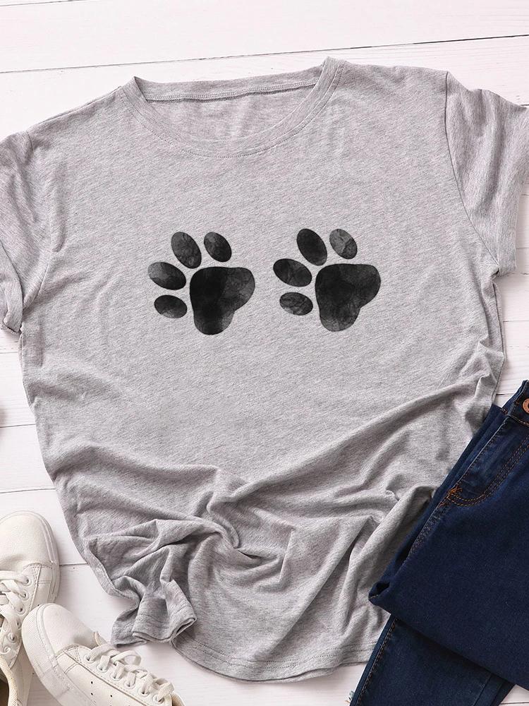 Damen T-Shirt mit doppeltem Hundepfotenabdruck, Kurzarm, Rundhalsausschnitt, locker, Damen-T-Shirt, Damen-T-Shirt, Oberteile, Kleidung, Camisetas Mujer