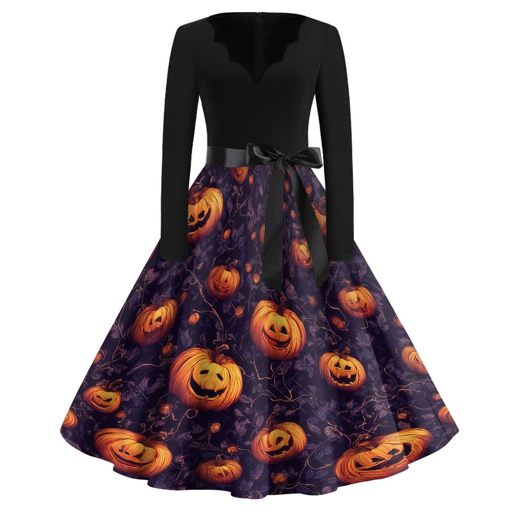 Women's Casual Vintage V Neck Dress Long Sleeve Halloween Print Swing Dress with Waist Tie Retro Style Midi Dress
