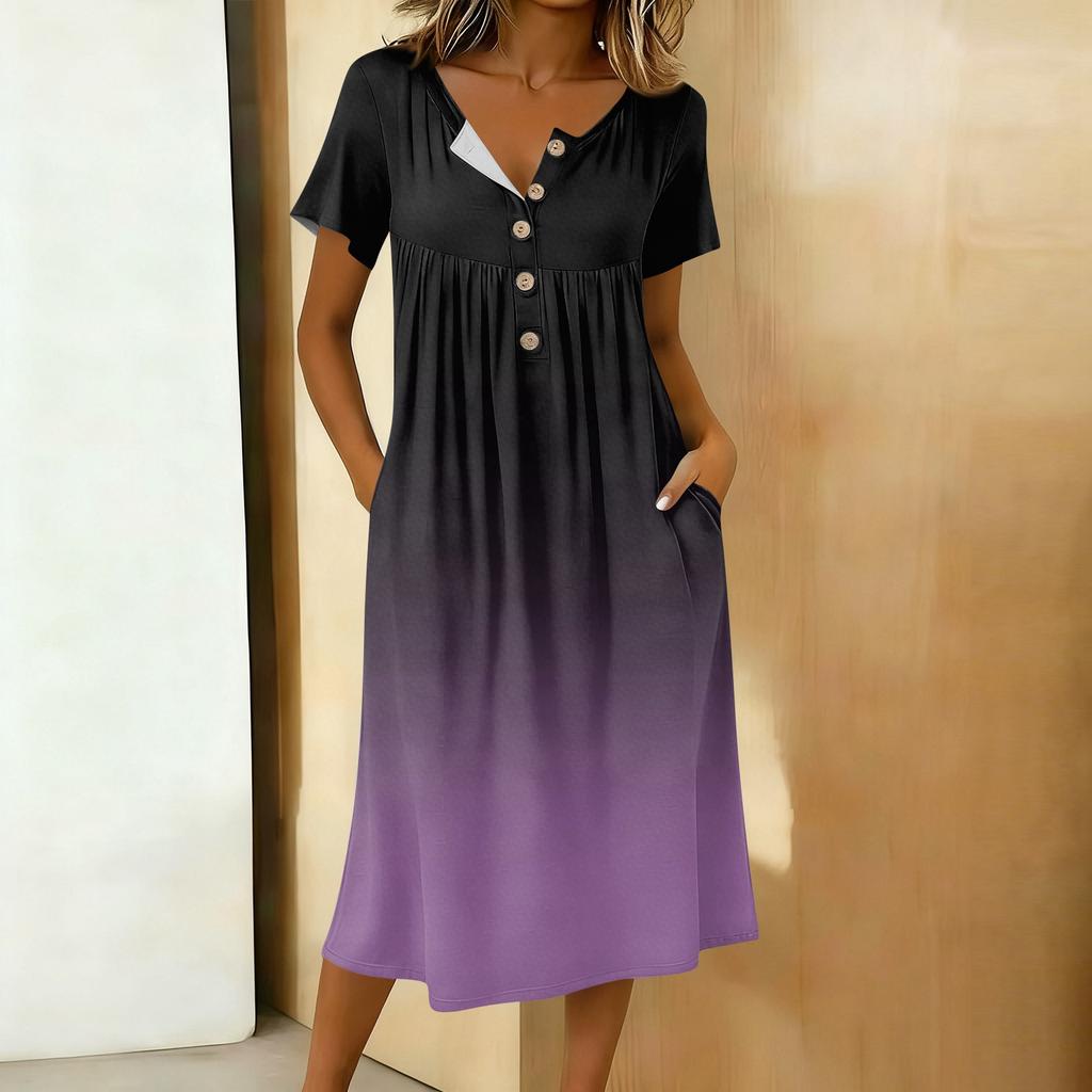 Women's Fashion Gradient Color Printed Round Neck Short Sleeve Button Neck Medium Length Casual Dress