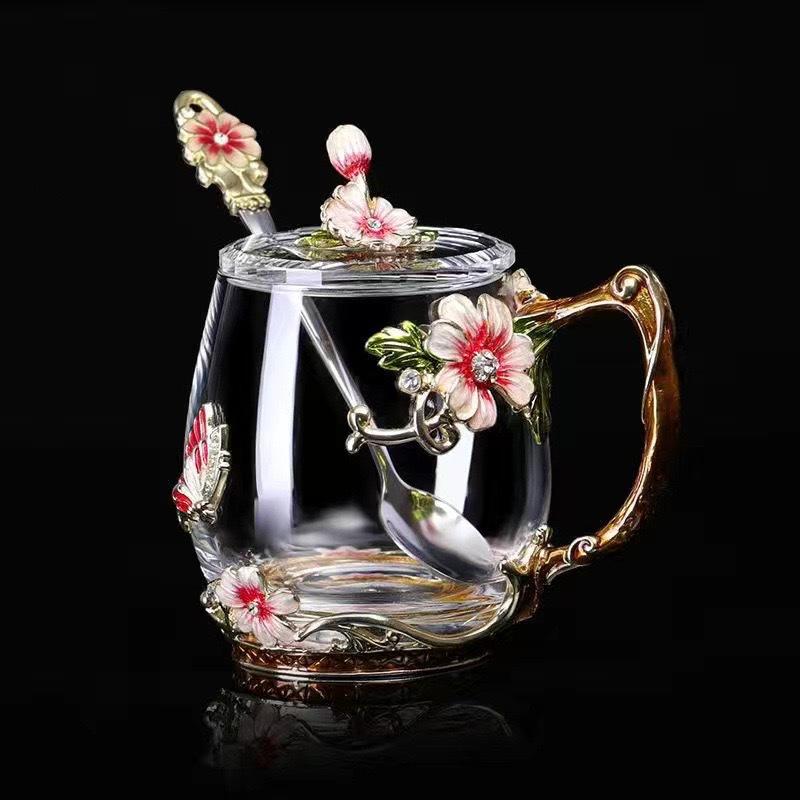Heat-Resistant Enamel Flower Tea Cup, Creative Painted Crystal Glass Coffee Cup with Handle