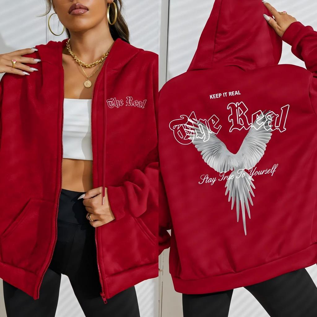 Keep It The Real Wings Creative Printing Zipper Hoodie Women Autumn Loose Hoody Casual Fleece Sportswear Clothing