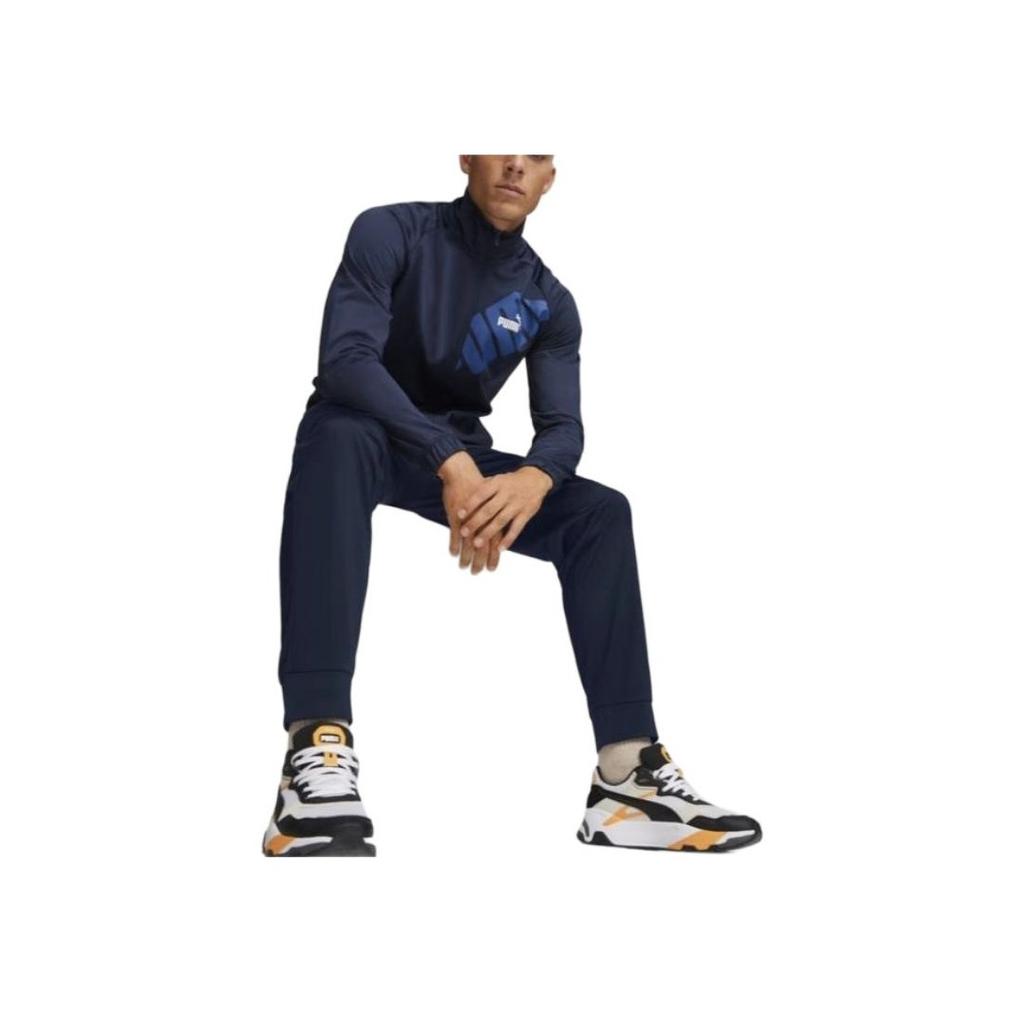 Puma Power Poly Tracksuit Letter Logo Print Stand Collar Zip Jacket Cuffed Pants Casual Sports Set Men Tracksuit Navy-Blue 681296-14