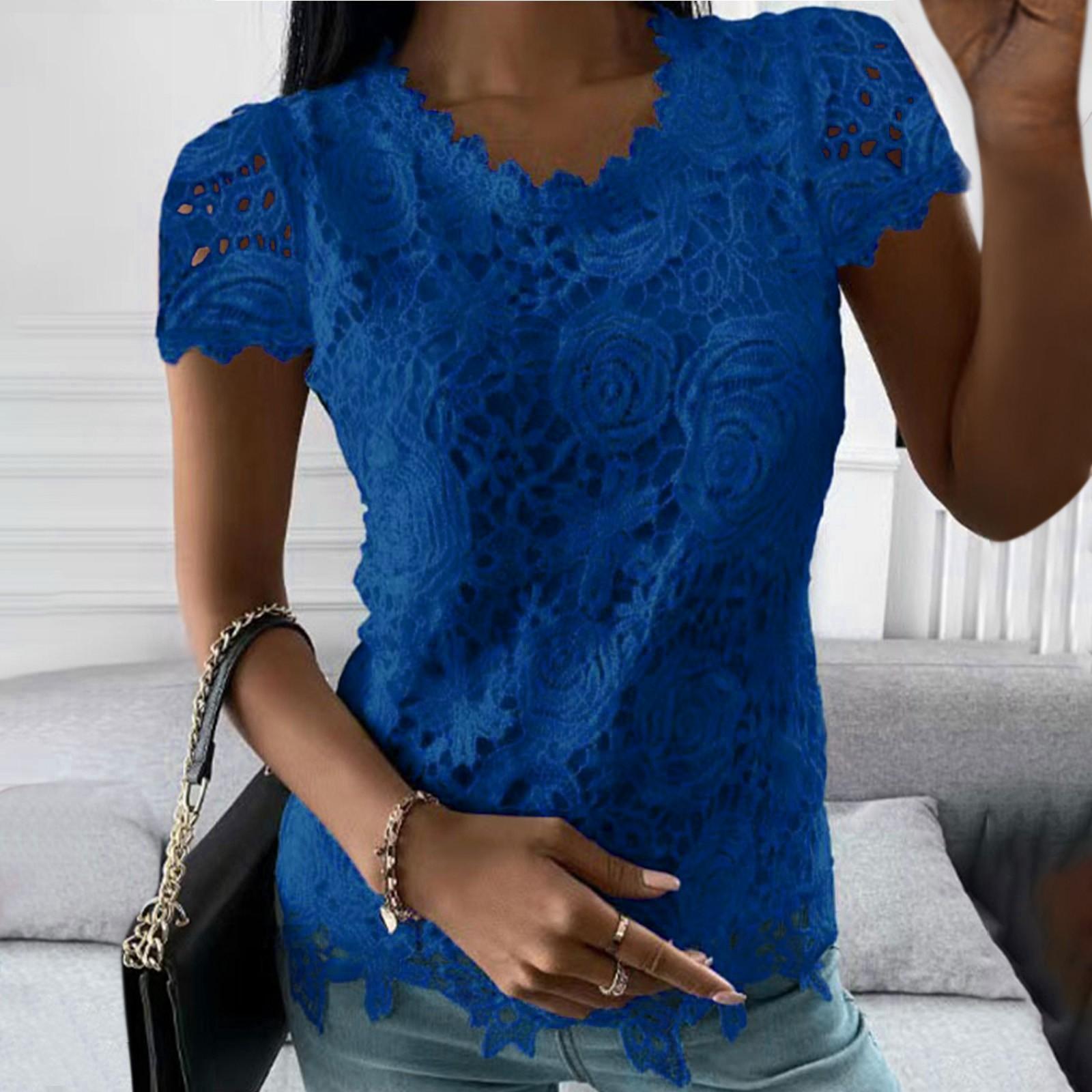 Women s Color Lace Splicing Short Sleeve Round Neck Tops XXXL синий