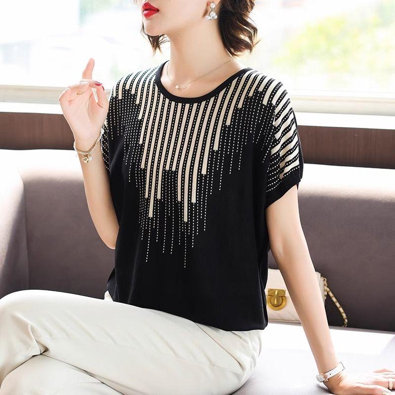 Plus Size 5XL Korean Simple Loose O-neck Ice Silk Short Sleeved T-shirt Women Contrasting Colors Bat Sleeve Summer Knit Top