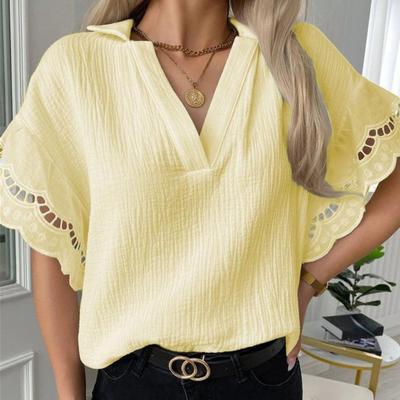 Letnie pół rękawa Lapel V Neck Koronka z krótkim rękawem Jednokolorowe bluzki Damskie Plus rozmiar Luźna bluzka Topy damskie