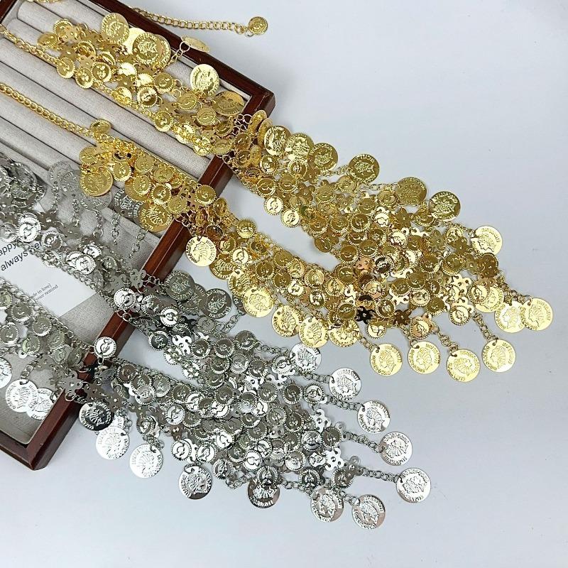 Bohemian Metal Round Sequined Fringed Waist Chain, Feminine Fashion Belly Dance Belt, Clothing Accessories