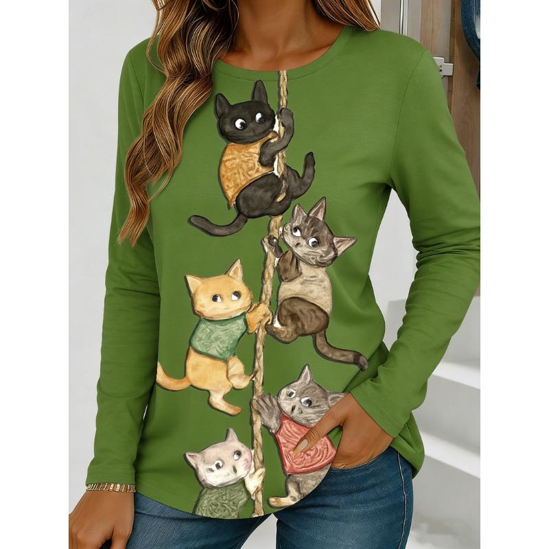 Women's Long-Sleeve T-Shirt for Autumn, Cat Climbing Rope Print Street Style Casual Crew Neck Pullover Loose Fit Outdoor T-Shirt