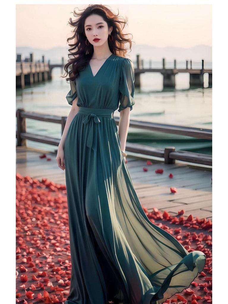 Stylish Green Chiffon Ankle-Length Beach Dress - 2025 Summer Collection