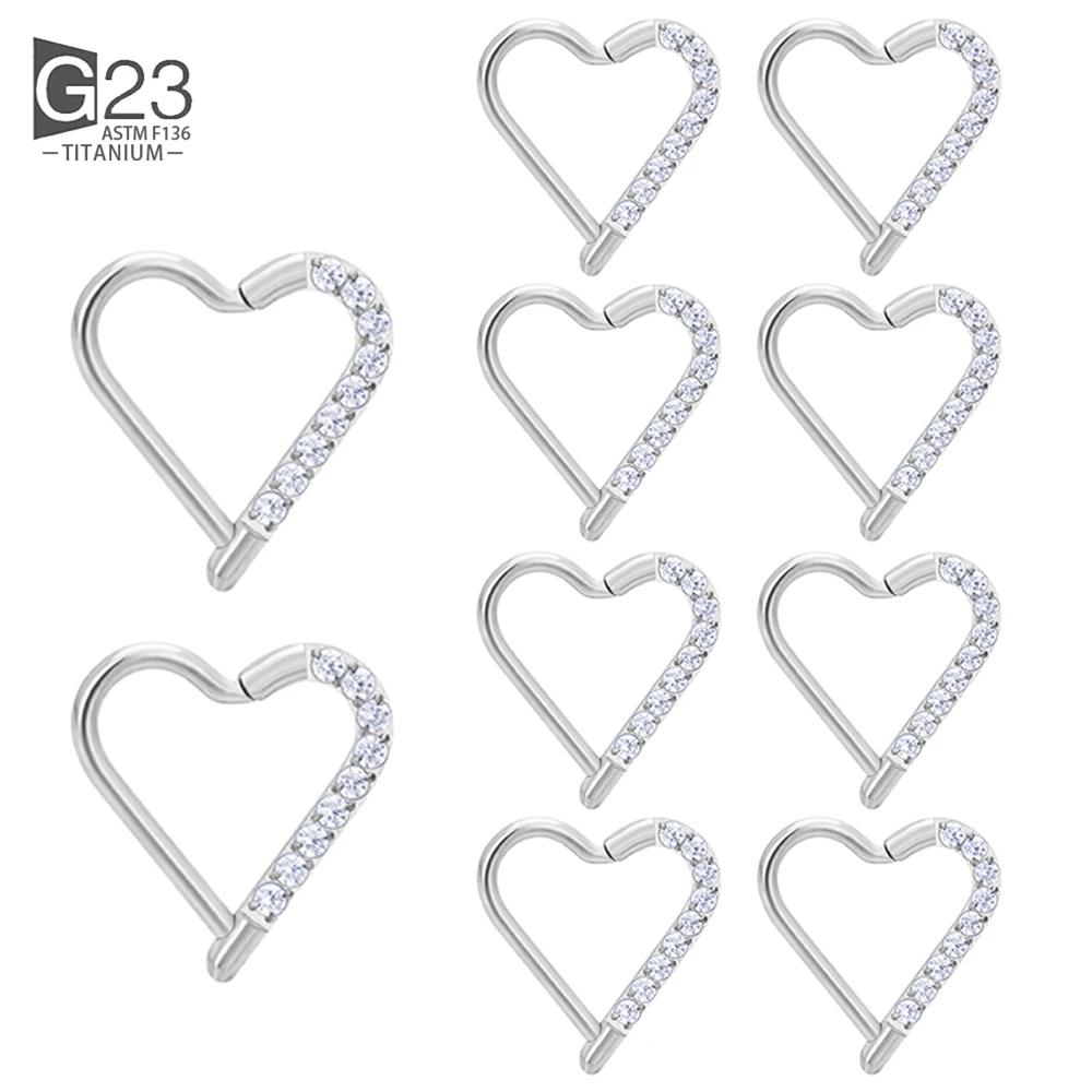 10Pc ASTM F136 Titanium Daith Heart Earring Hoop Cartilage Tragus Helix Rings Hinged Segment Hoop with Clear CZ