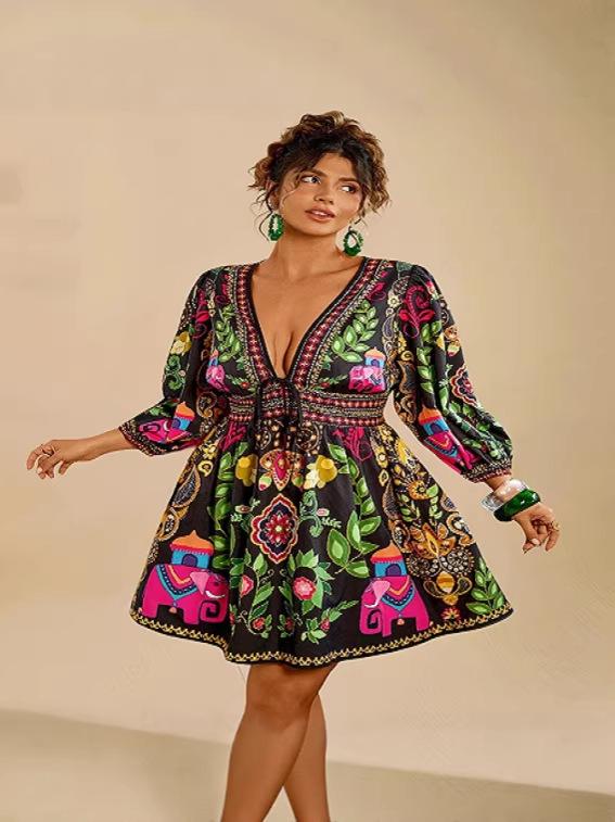 Plus Size V-neck Printed Dress - 2026 Spring/Summer European & American Fashion 4XL