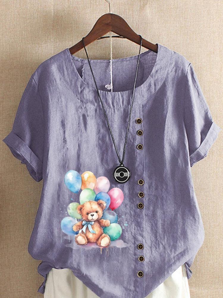 Women's Fashion Bear Print Round Neck Short Sleeve T-shirt Summer Casual Cotton Linen Graphic Shirt Leisure Loose Blouse Tops