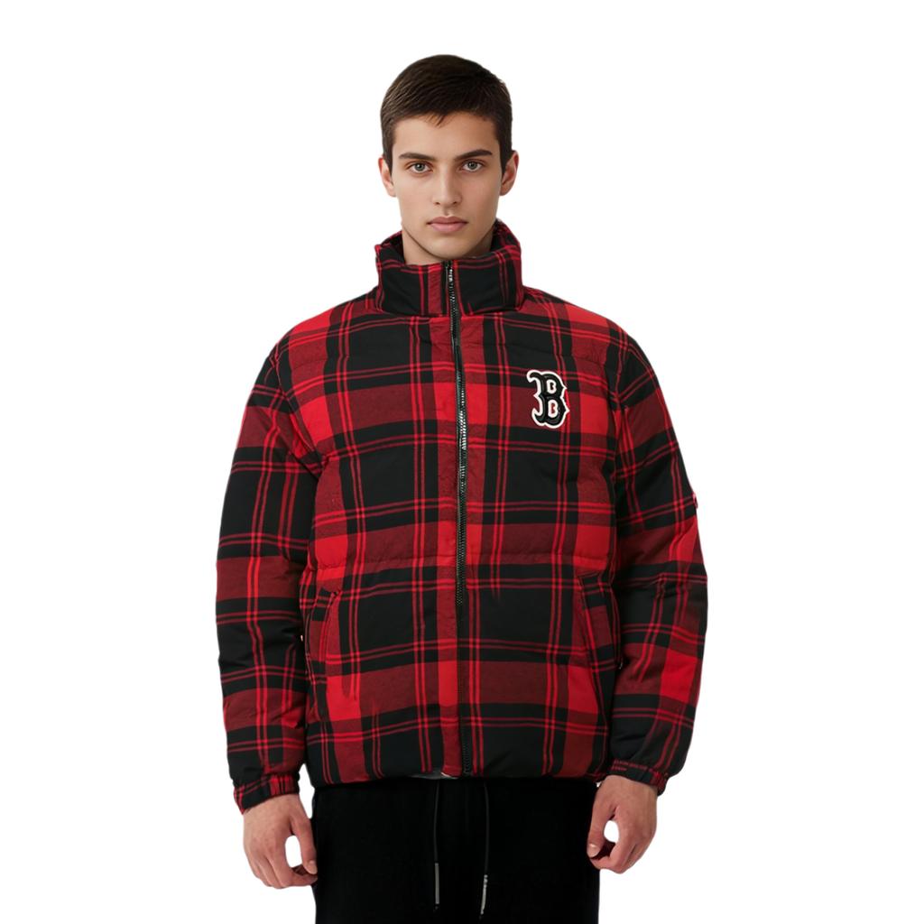MLB Basic Logo Plaid Padded Lightweight Short Cotton Jacket Unisex Jackets Red 3ADJP0216-43RDD