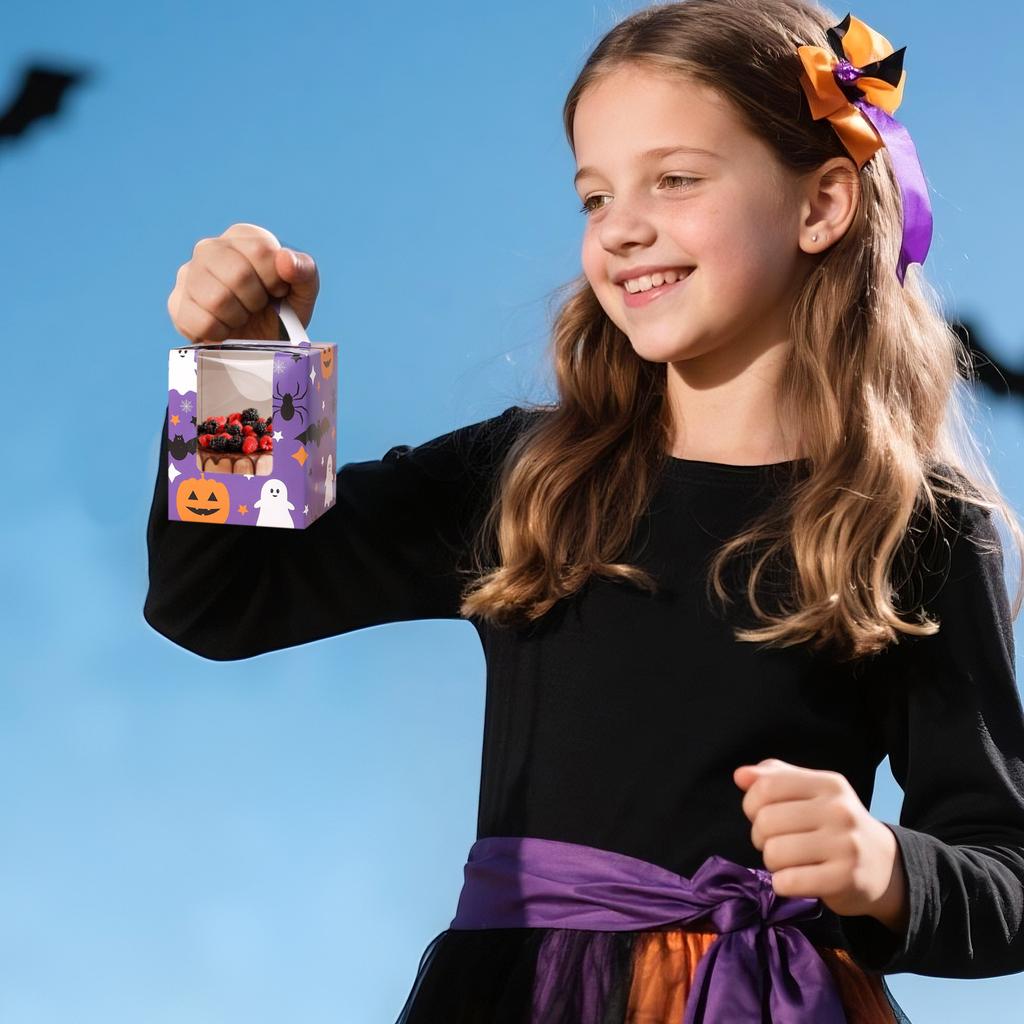 Halloween Kraft Paper Cupcake Box, Freestanding Container With Handle, Suitable For Halloween Party And Wedding Gift Wrapping