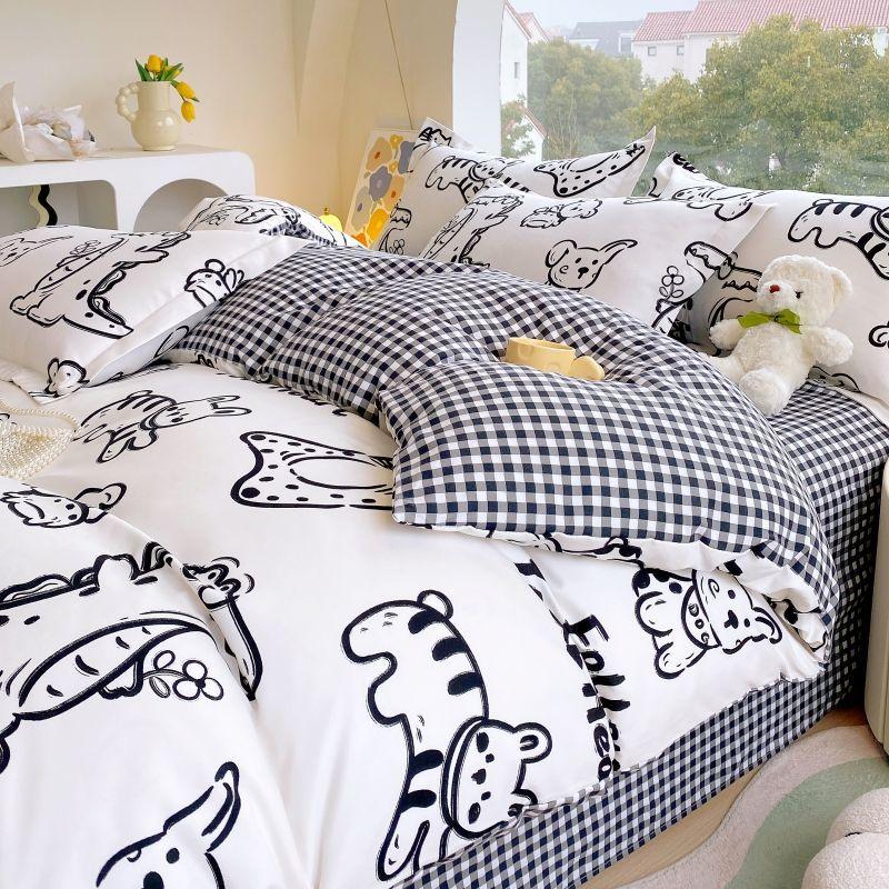 Thickened Pure Abraded Four-piece Set, Single Double Skin-friendly Twill Bed Sheet, Quilt Cover, Dormitory Three-piece Set, Bedding