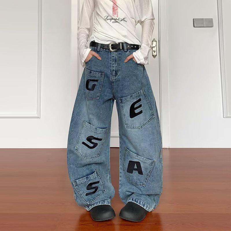

Design Pocket Letter Jeans Women s Summer Splicing Overalls High Street Hip Hop Wide Leg Pants 3XL синий