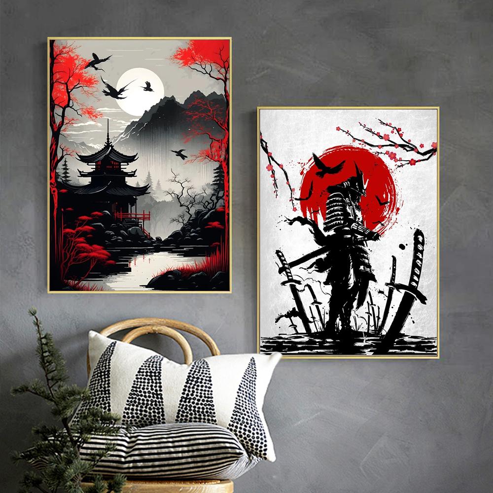 Retro Japanese Samurai Canvas Painting Abstract Warrior Panda And Geisha Poster and Prints Wall Art Pictures for Home Decoration