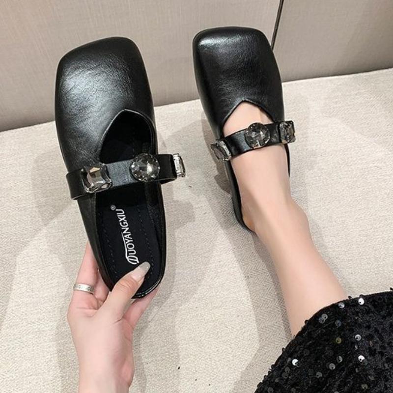 Woman Slippers Outside Square Toe Slides Flat Rhinestone Sabot Mules Shoes for Women Stylish New Fashion Designer Luxury Sandals