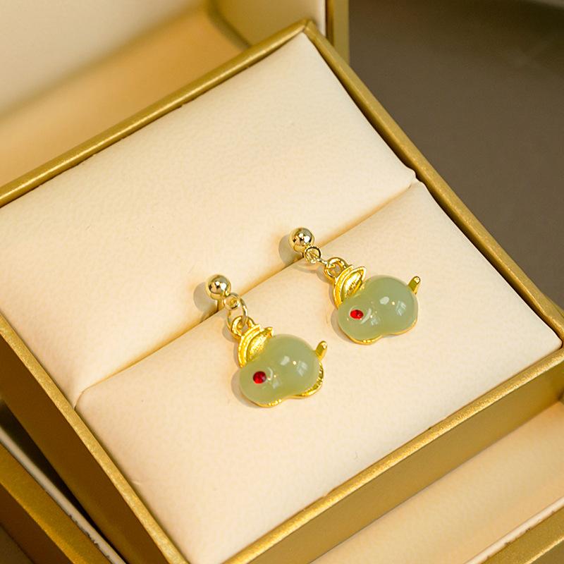Zodiac Imitation Hetian Jade Rabbit Stud Earrings, Long Hairball Earrings With Antique Diamond Design