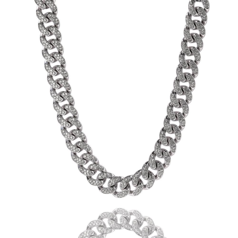 Gu Meng 12mm Men's Cuban Necklace - European & American Style, Hip Hop Design, Alloy with Inlaid Diamond, Versatile Street Jewelry.