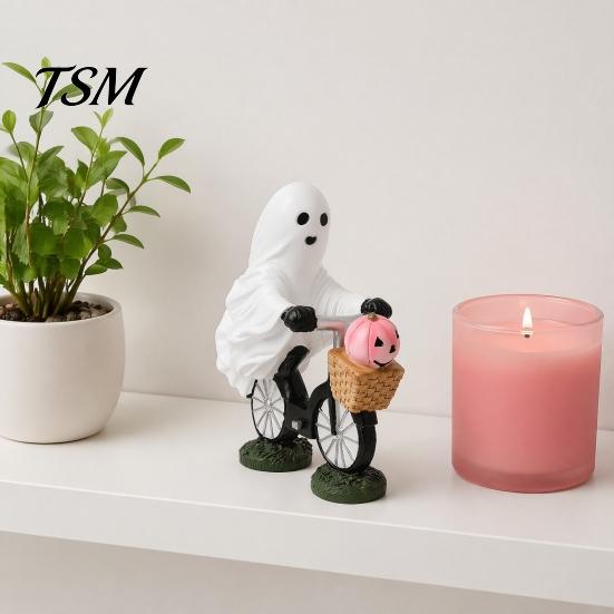 Creative Halloween Party Ornament Ghost Riding Bicycle Resin Figurine, Spooky Desk Shelf Decor for Bike Home Entryway, Hand-Painted Creepy Cute