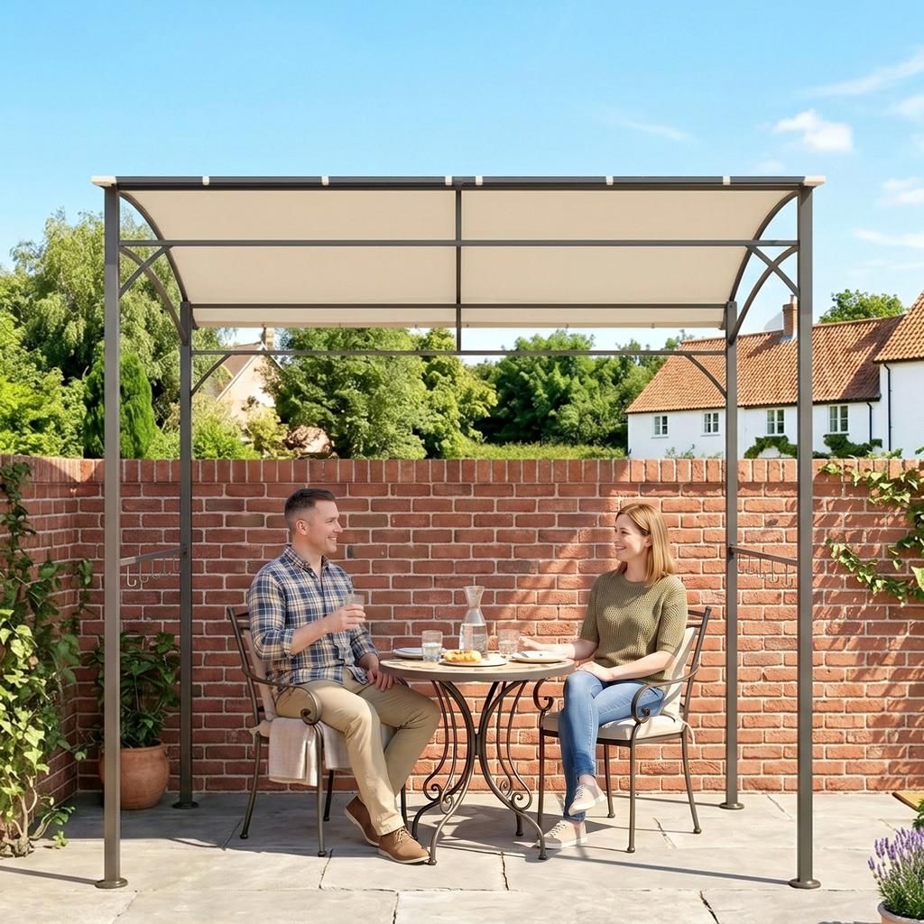 2.2 X 1.5 M BBQ Grill Gazebo Tent, Garden Grill with Metal Frame, Curved Canopy and 10 Hooks, Outdoor Sun Shade, Beige