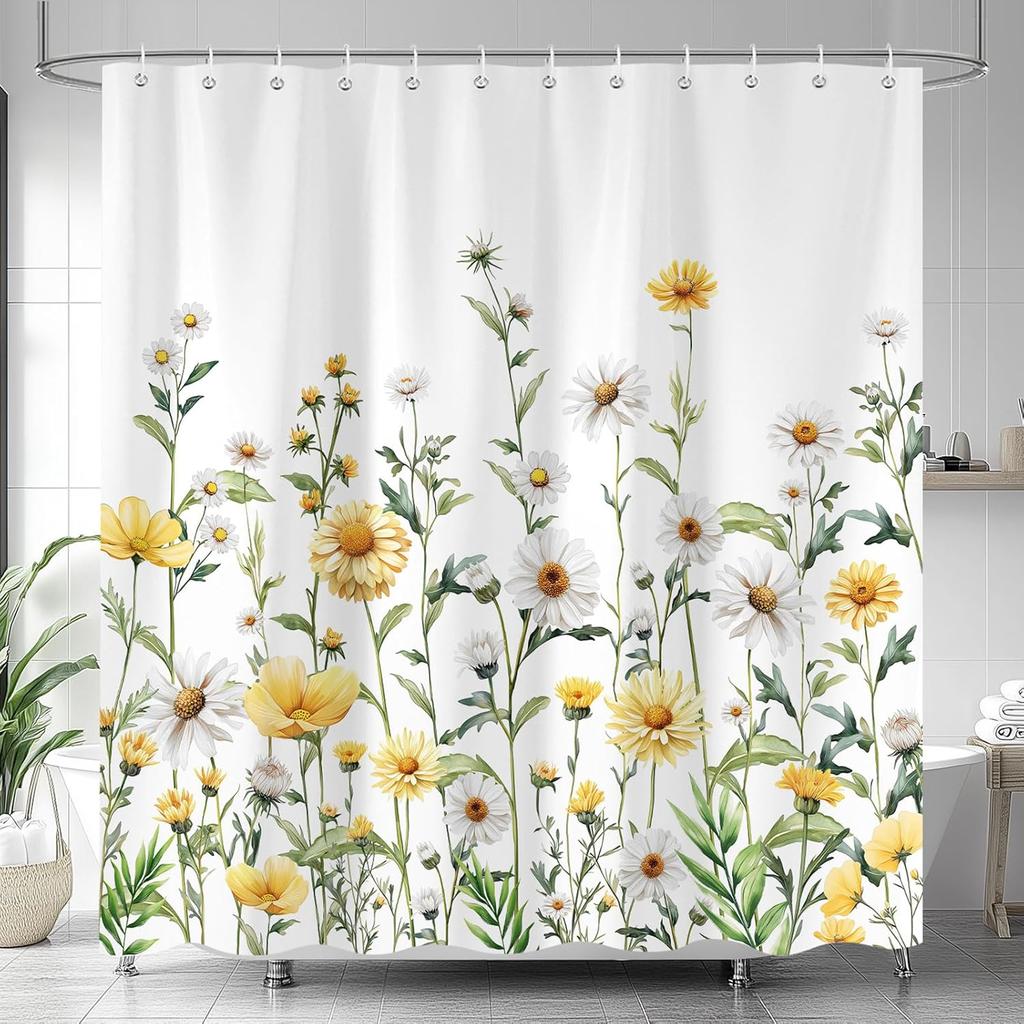 Blue Floral Shower Curtain, Boho Watercolor Botanical Flowers Design Shower Curtain for Bathroom, Natural Teal Gray Plant Decor