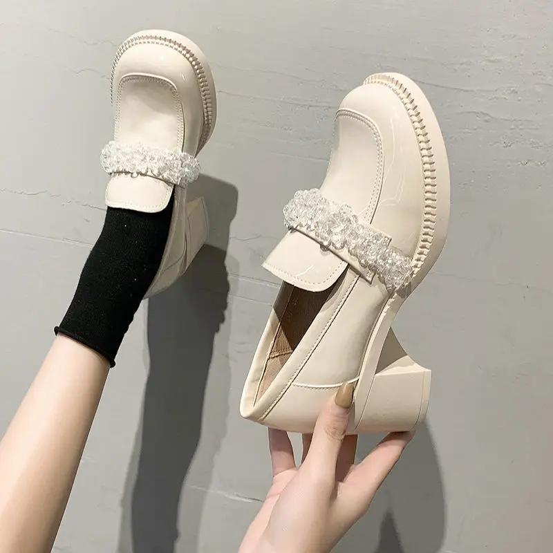 Fashion Block Heel Diamond with Crystals Rhinestone Square Toe Chunky Heels Women's Shoes Loafers on Heeled Ladies Pumps High Chic Point