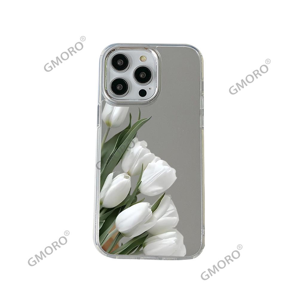 ins wind tulip flower suitable for iphone15 premium mirror mobile phone case 17pro women's makeup mirror