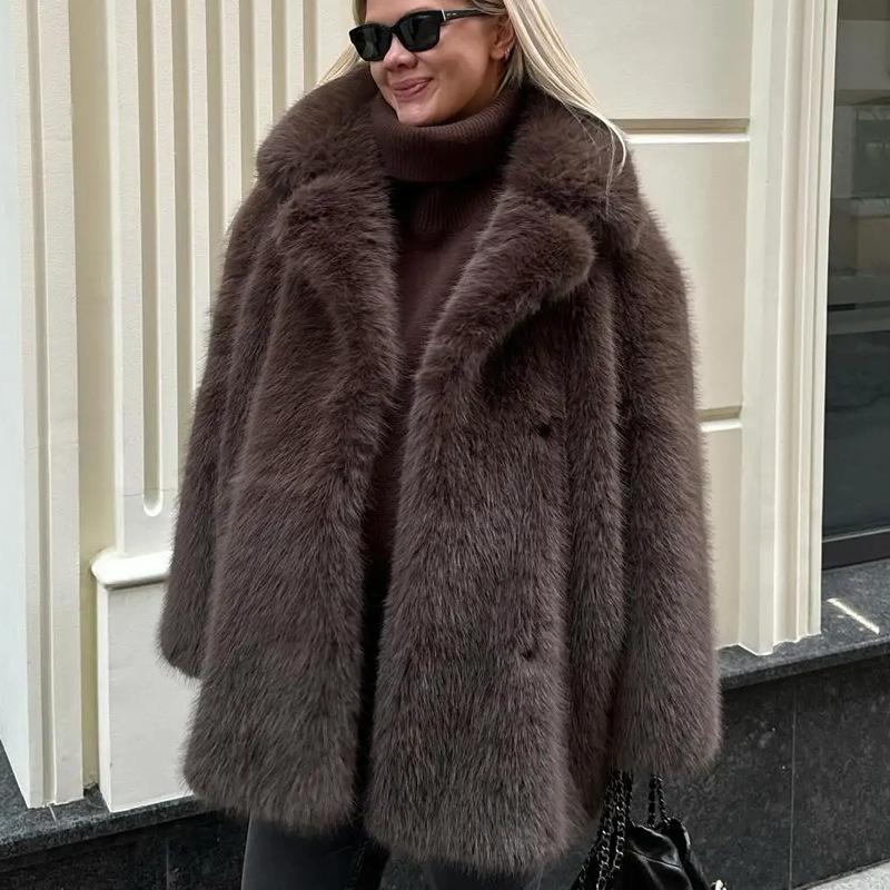 Dámský kožich s klopovým límcem a dlouhým rukávem z umělé kožešiny, volný střih, Streetwear, Kožešinová bunda