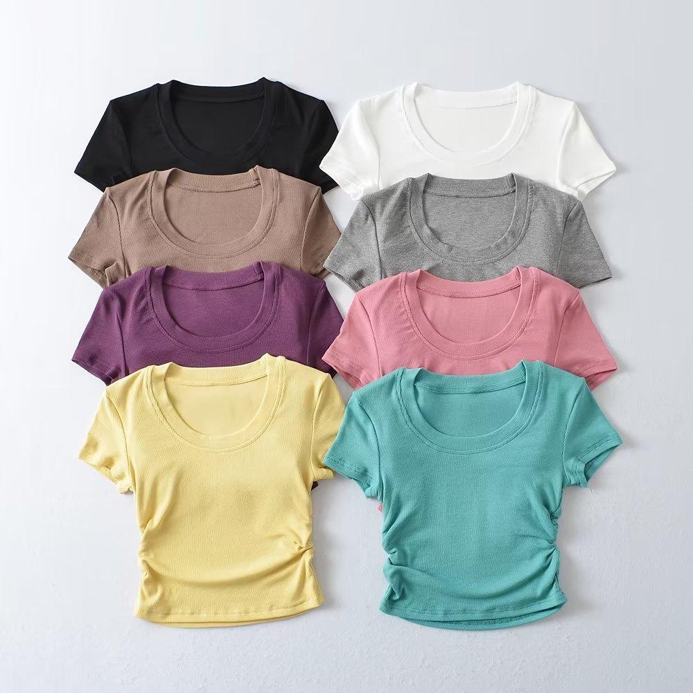 Trendy Women's Round Neck Short Sleeve Side Ruched Bodycon Crop Top