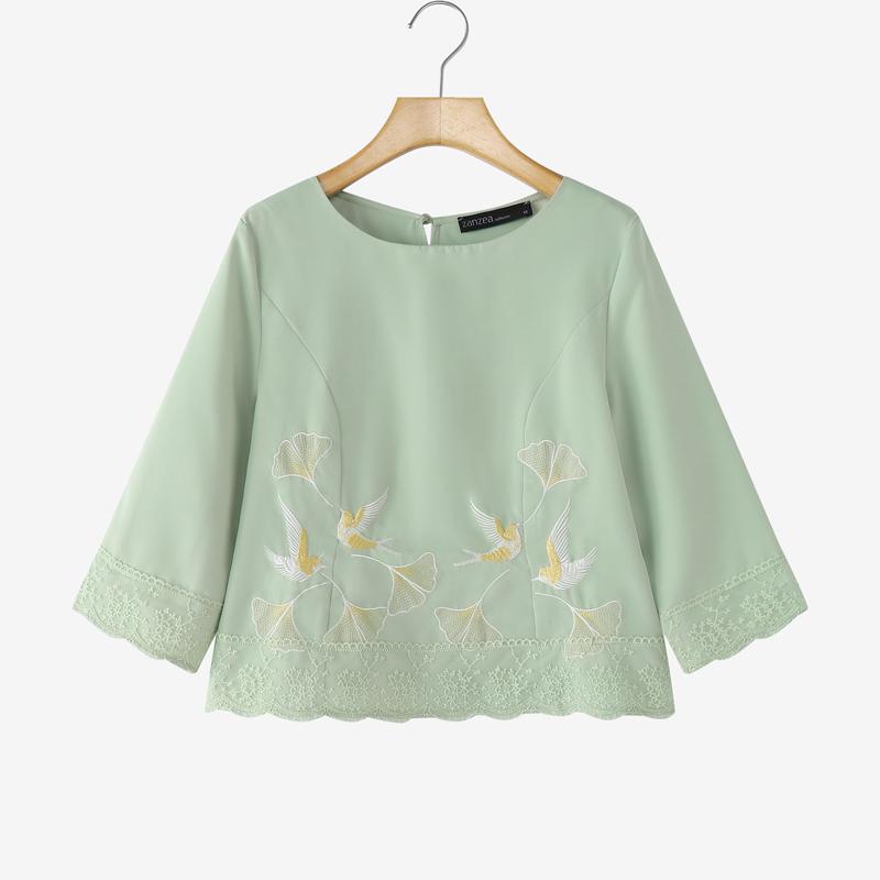 ZANZEA Women Casual Round Neck Loose Embroidery 3/4 Sleeve Blouse S зелёный