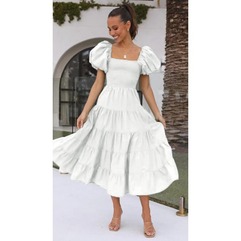 Summer New Bubble Sleeve Holiday Skinny Long Dress Spice Girl High Waist Shoulder Printed Dress Women