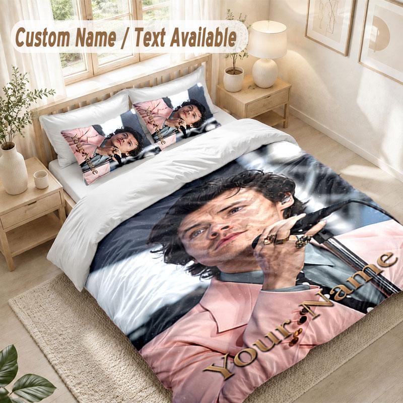 Custom Name Bedding Set 3 PiecesHarry Styles Print Duvet Cover + 2 Pillowcases Soft Bed Decor