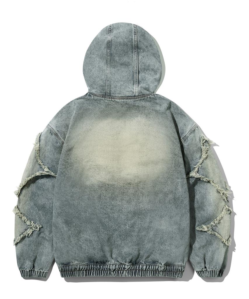 Trillion Star Applique Damaged Wash Denim Jacket (Beige Blue)