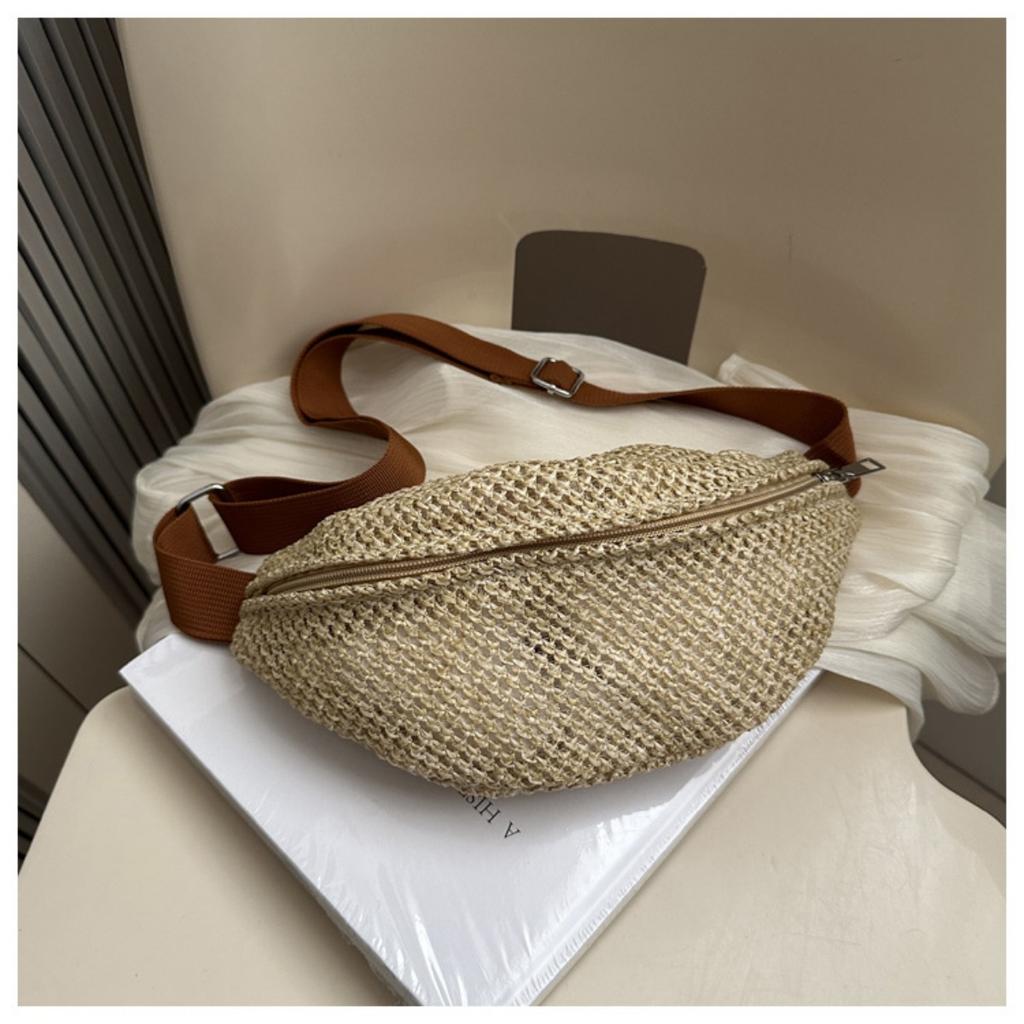 Women'S Stylish Woven Chest Bag - Light Brown, Breathable Crossbody Sling Phone Pouch with Zipper Closure, Versatile Waist Pack for Beach, Sports