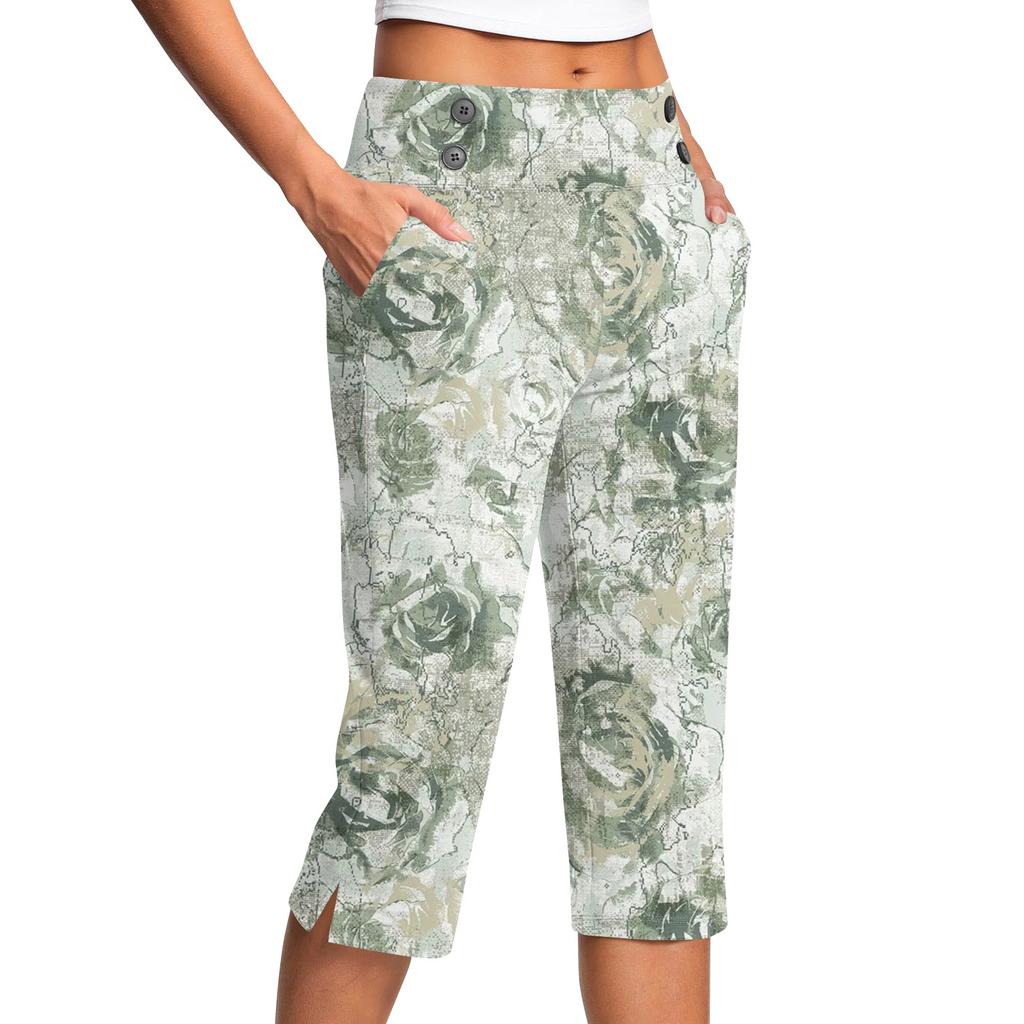 Women's Vintage Floral Print Button Pocket Trousers Slit High Waist Sports Yoga Casual Pants