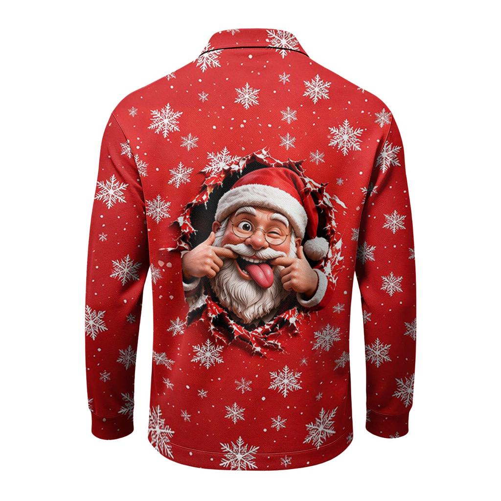 Men's Long Sleeve Golf Shirt Quick-Dry Mesh Casual Top with Christmas Print for Holiday Wear