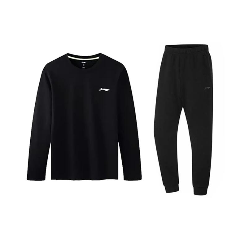Li Ning Plain Simple Breathable Versatile Round Neck Knitted Long Sleeve T-Shirt Casual Sports Set Unisex Tops Black YTLV059-1+AKLUA73-4