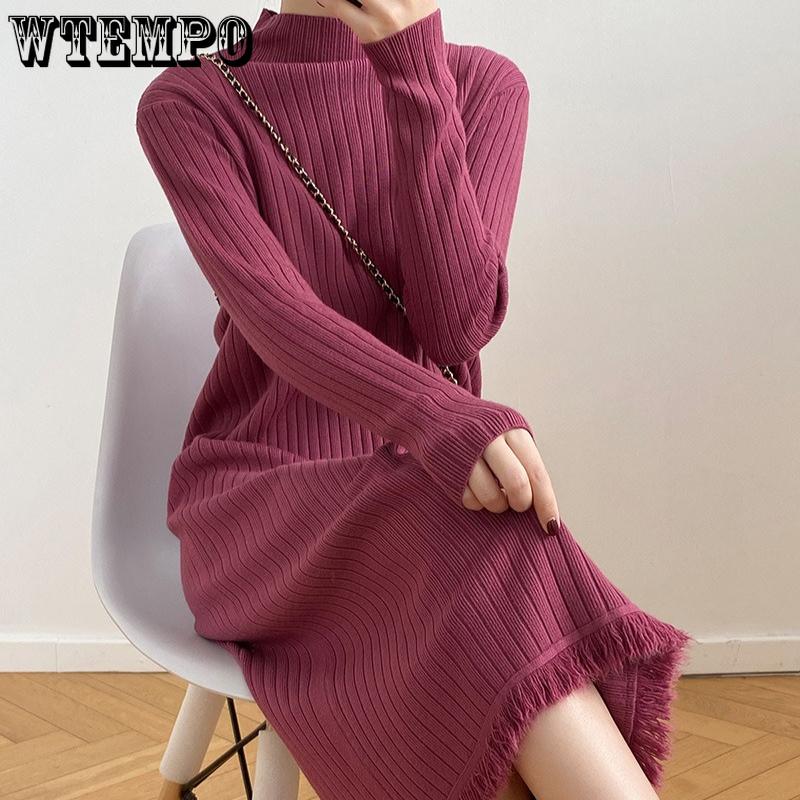 Mid-length Pullover Sweater for Women's Autumn and Winter Half Turtleneck Knee-length Knitted Dress Solid Color Casual Sweater Dress
