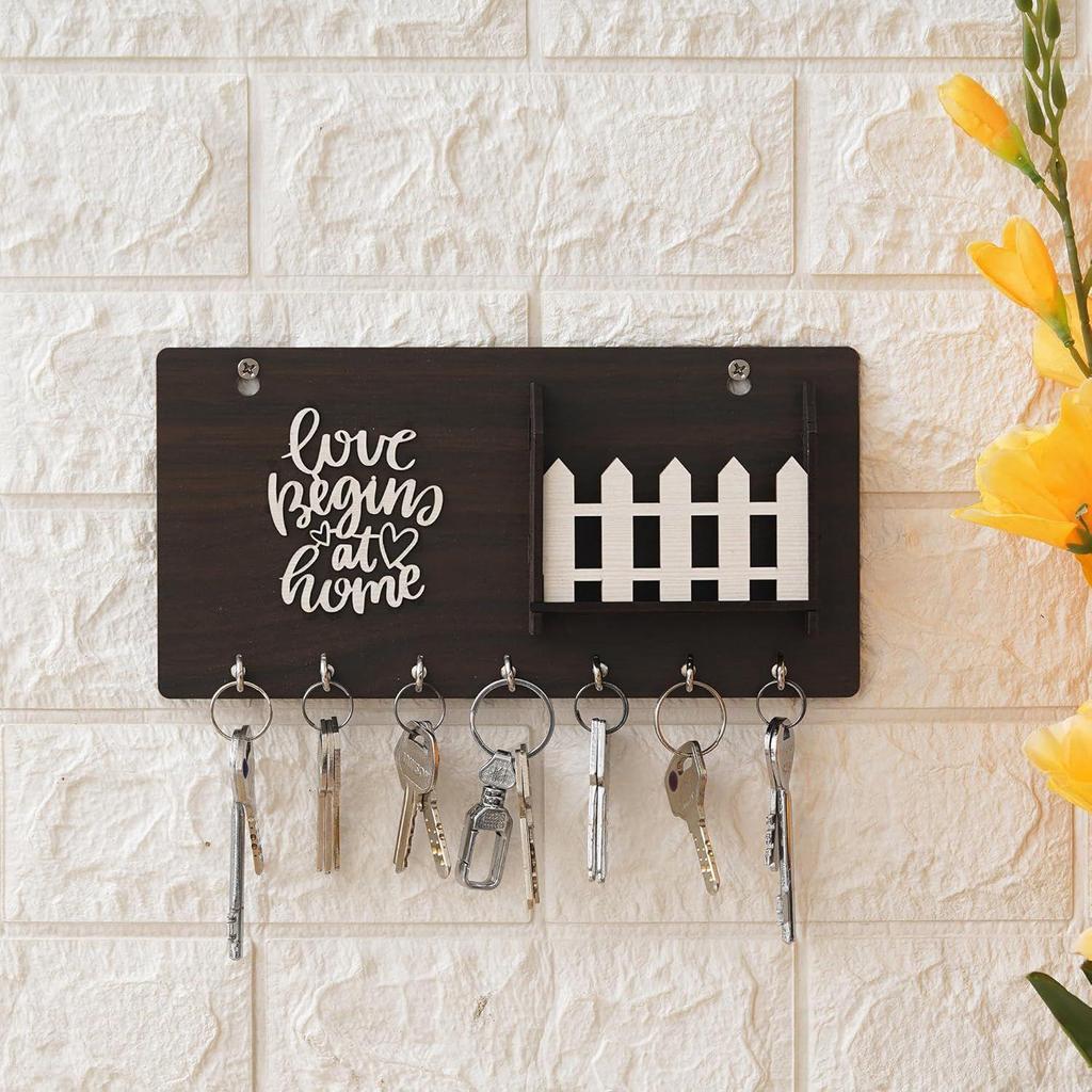 Wooden Matte Finish Designer Home Side Wall Shelf, Key Holder with 7 Keys Hooks (Brown) (LoveBeginsathome)