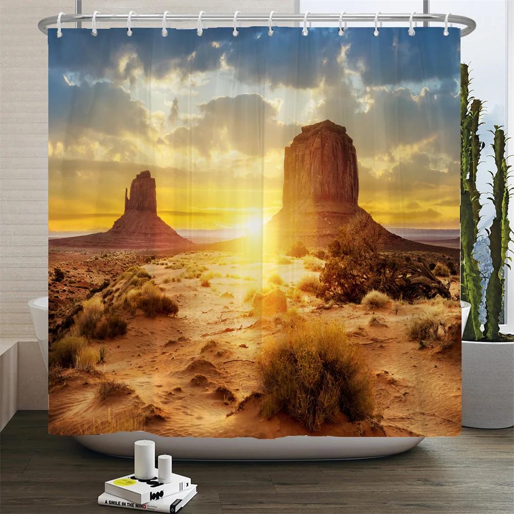Natural Desert Scenery Shower Curtain 3D Printed Landscape Bathroom Curtain Fabric Bath Curtains Home Decor Waterproof With Hook