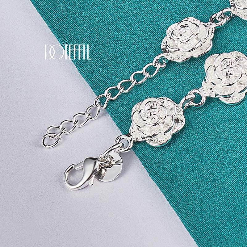 DOTEFFIL 925 Silber Volle Rose Blume Kette Armband für Frauen Hochzeit Verlobungsparty Mode Charme Schmuck