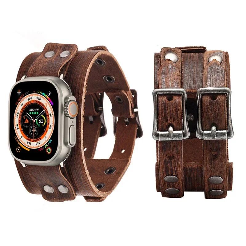 Genuine Leather Band For Apple Watch Ultra 2 49mm Strap 45mm 44mm 46mm Double Metal Buckle bracelet iWatch series 10 9 8 7 6 SE
