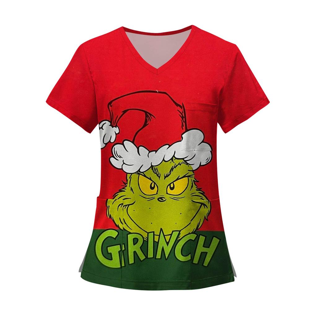 Camisetas de trabajo con bolsillos y cuello en V y manga corta estampadas a la moda para mujer