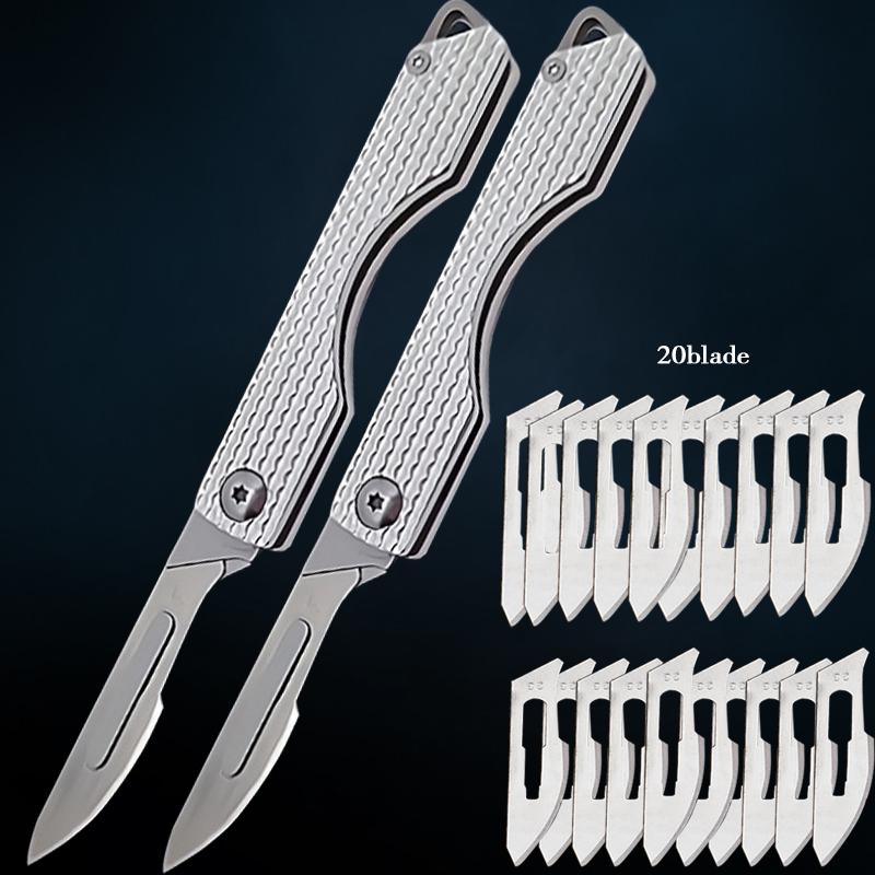 Stainless Steel Folding Knife Mini Keychain Pocket Knife Quick Open Scalpel Knife Replaceable Blades Kitchen Knife Accessories