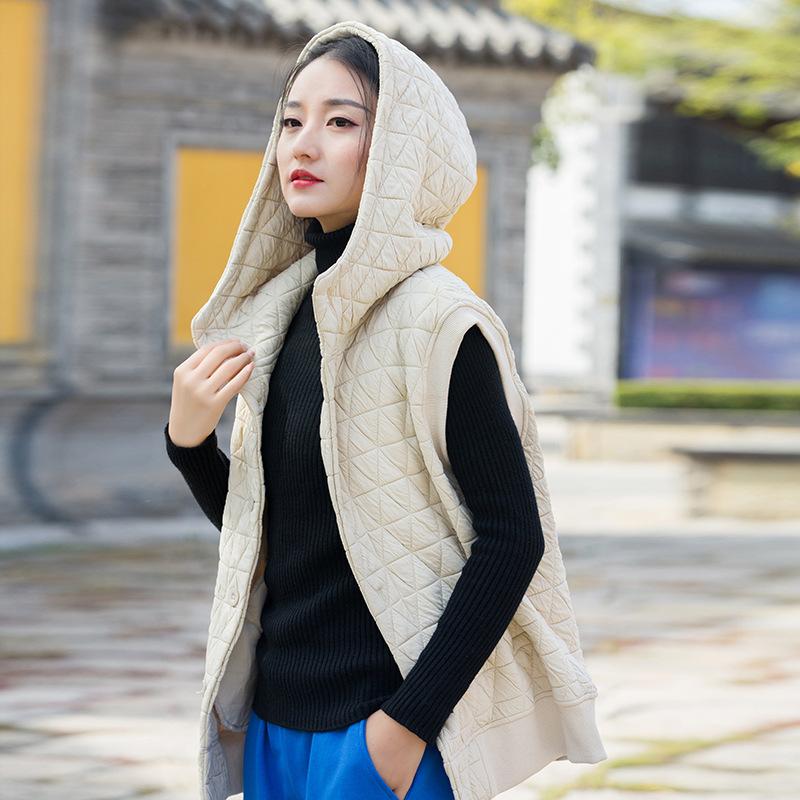 

Johnature женские винтажные жилеты с капюшоном пальто без рукавов теплые толстые осенние однотонные женские жилеты на пуговицах пальто бежевый