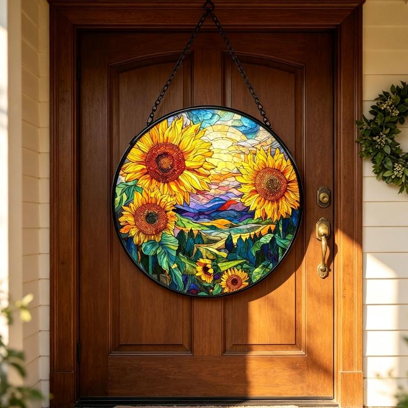 Stained Glass Sun Catcher Window Decors Window Display Glass Hanging Panel with Black Metal Frame, Stained Glass Accent with Chain for Home Accent Use