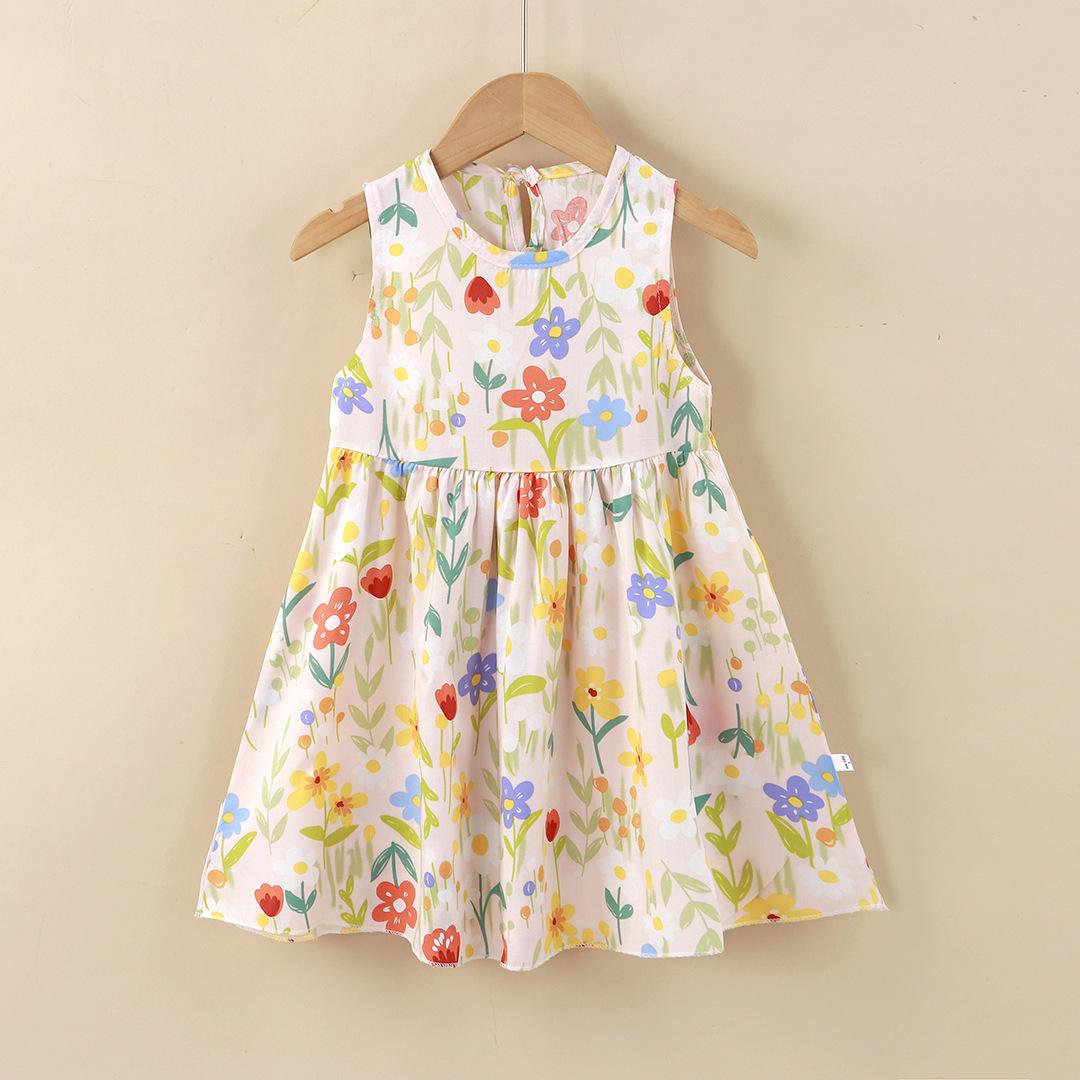 Girls Cotton Rayon Princess Sleeveless Dress Middle Kids Summer Home Sleepwear Lightweight Breathable Nightgown 80cm